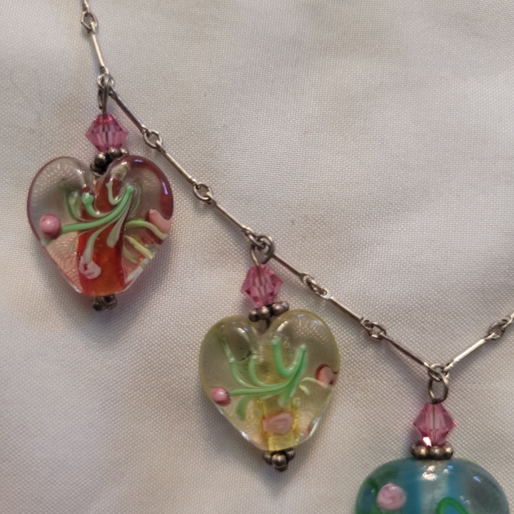 Vintage Sterling Venetian Murano Lampwork Heart Bead 925 Silver Charm Necklace - Picture 8 of 11
